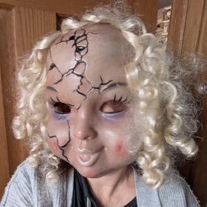 Creepy Doll Face Blonde Curly Doll Mask for Kids or Adults Hard Plastic